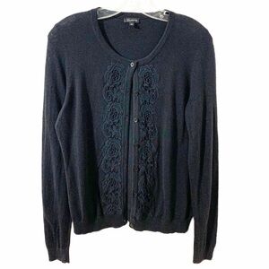 Talbots Cotton Wool Blend Button Front Cardigan Sweater with Front Lace Details